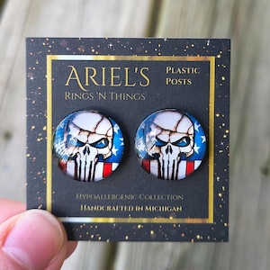 Patriotic Skull Stud Earrings: 4th of July American Flag - Hypoallergenic