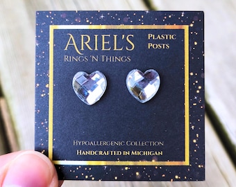 Heart Rhinestone Stud Earrings: Hypoallergenic Plastic Posts | FREE SHIPPING