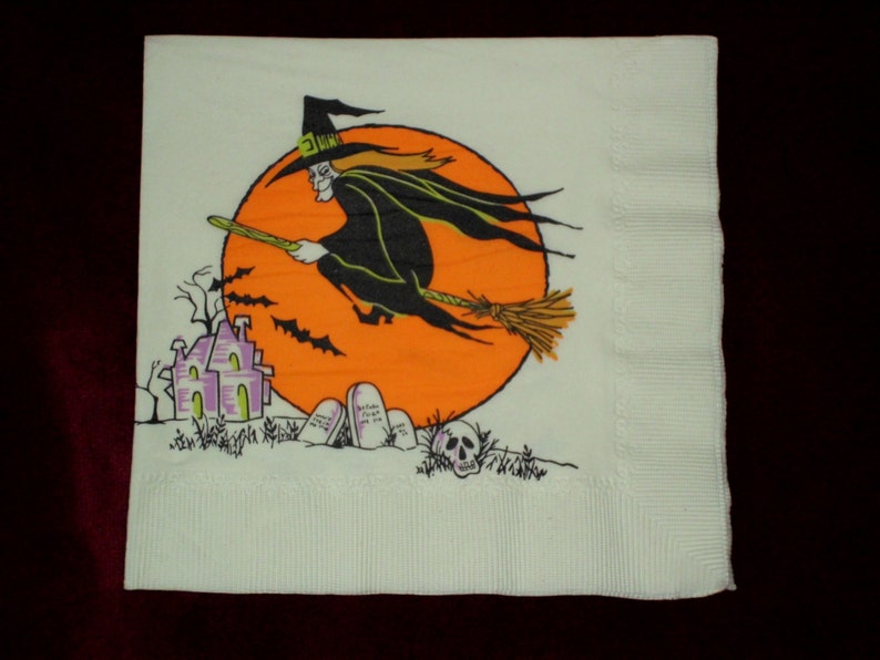 2 Vintage Halloween Paper Napkins Witch On Broom Full Moon Etsy