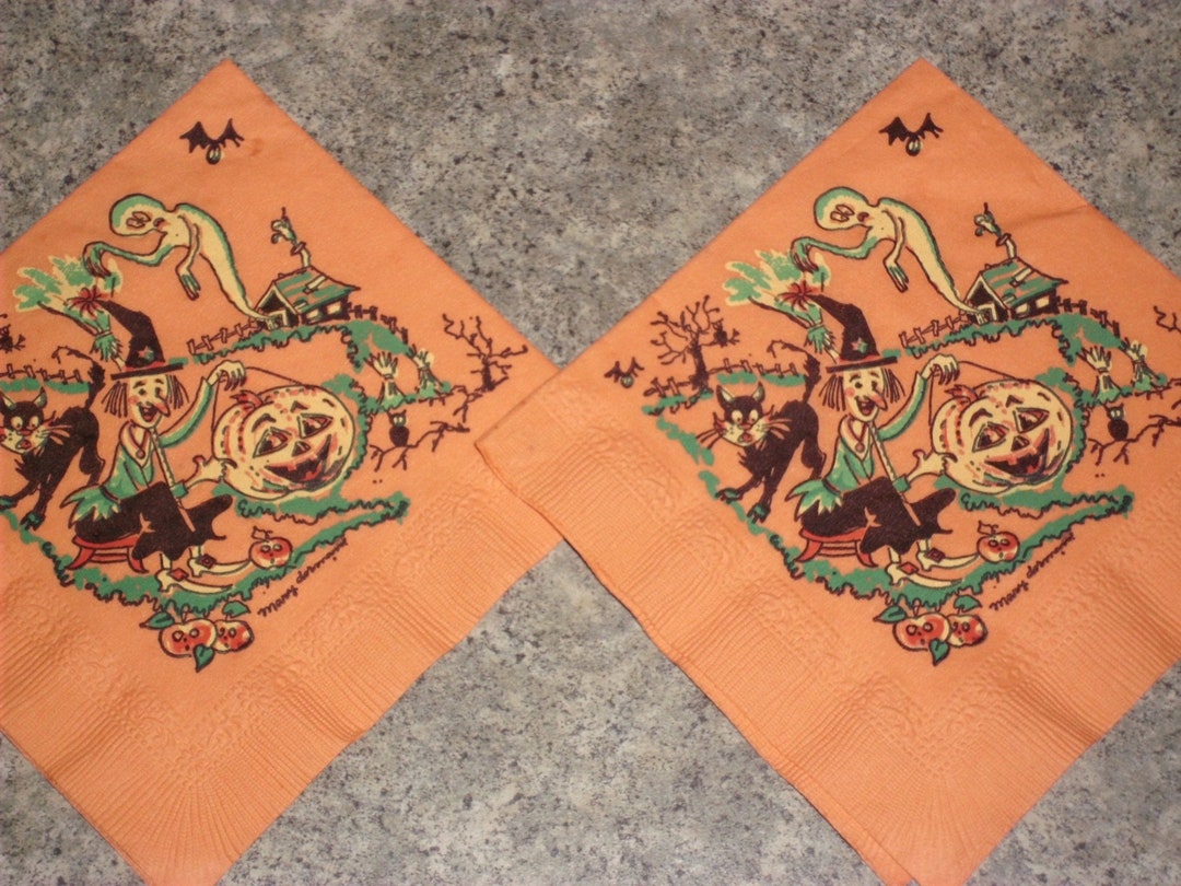 2 Vintage Halloween Paper Napkins Witch Ghost JOL Etsy