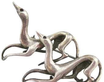 Art Deco Sleek Elegant Greyhounds Sterling Silver Brooch Pin Made in Mexico