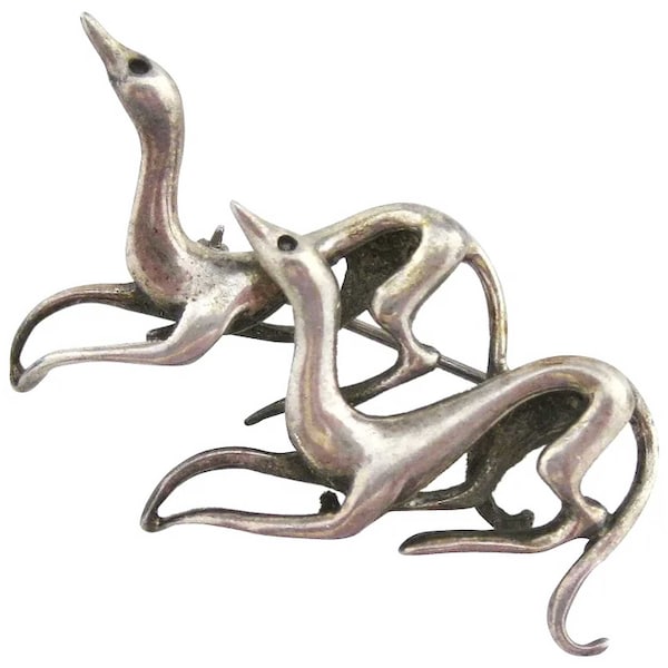 Art Deco Sleek Elegant Greyhounds Sterling Silver Brooch Pin Made in Mexico