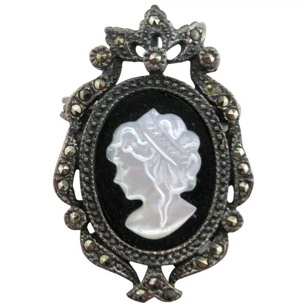 Sterling Silver Cameo Marcasite Mother of Pearl - Sterling Pendant Brooch