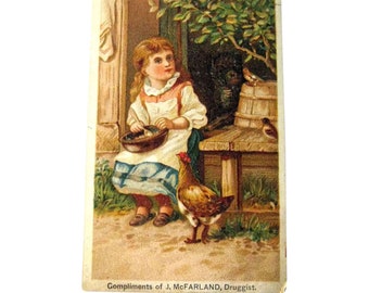 Druggist Victorian Advertising Trade Card / Girl with Chicken / Druggist Ad