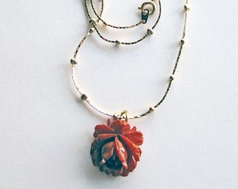 Vintage Necklace Hand Carved Flower Bakelite Rose Pendant on Gold-tone Chain