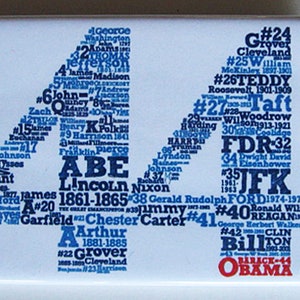 May include: A white background with a blue and red number 44 made of the names of all the US presidents in order. The names are in blue and the number 44 is in red.