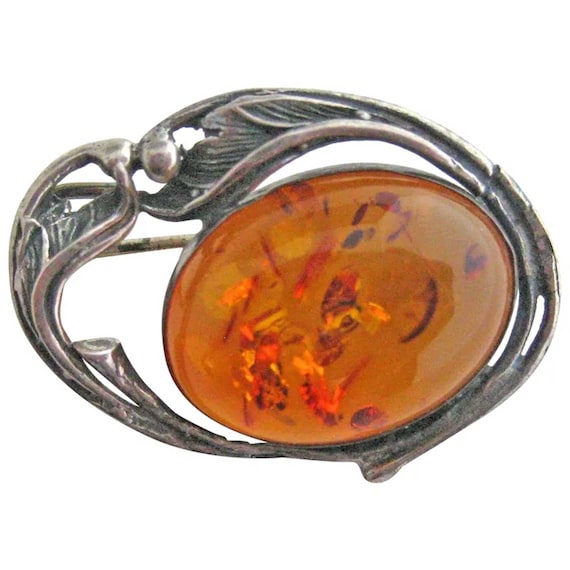 Sterling Silver Baltic Amber Art Nouveau Pin