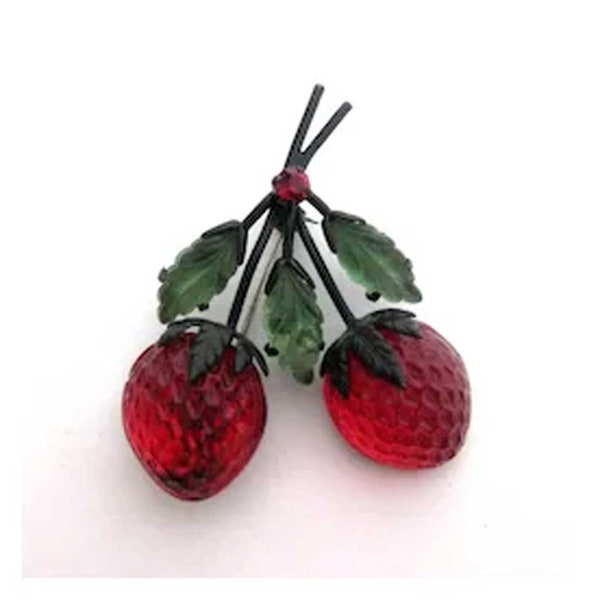 Fabulous Molded Glass Red Strawberry Fruit Pin Japanned Setting Green Molded Glass Leaves