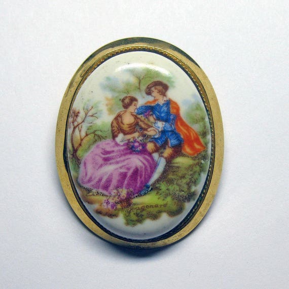 Victorian Scene Portrait Pin / Signed Fragonard P… - image 3