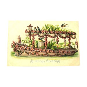 Birthday Greeting Postcard / Boat Covered in Flowers / Vintage Postcard
