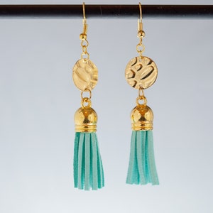 Mint green and gold tassel earrings