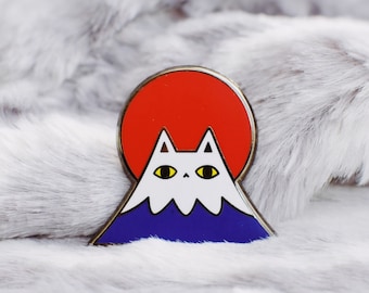 Kawaii Grumpy Mount Fuji Cat Enamel Pin by Noristudio for cat lovers
