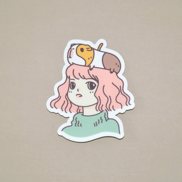 Guinea pig lady, pink hair girl vinyl sticker