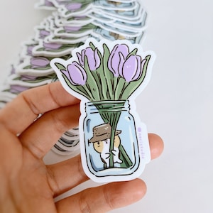 Tiny Guinea pig in a Glass Jar with Purple Tulips Vinyl Sticker Bubu and Moonch Collection by Noristudio