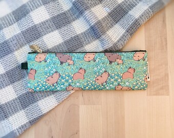 Capybara Zipper Pencil Pouch Case featuring Noristudio Capybara Meadow Pattern