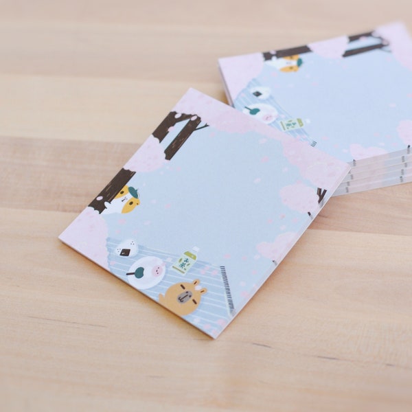 Bubu and Moonch Sakura Season Notepad, 3" x 3", Guinea pig notepad, cherry blossom notepad