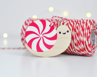 Peppermint Candy Josh the Snail Wood Ornament snail christmas ornament for christmas tree