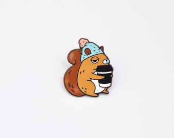 squirrel enamel pin, coffee addict squirrel pin, coffee enamel pin, cute squirrel pin, woodland animal pin, cute pin for squirrel lovers