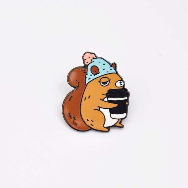 squirrel enamel pin, coffee addict squirrel pin, coffee enamel pin, cute squirrel pin, woodland animal pin, cute pin for squirrel lovers