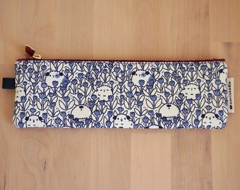 Guinea pigs and Tulips Zipper Pencil Pouch featuring Noristudio Guinea Pigs and Tulips Pattern in Navy Blue and Ivory