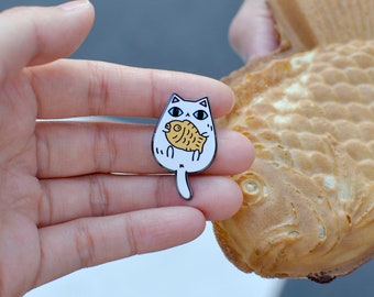Taiyaki Cat Enamel Pin, White Cat Lover Gift