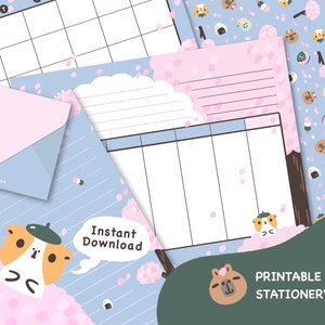 El juego de papelería imprimible Kawaii conejillo de Indias, carpincho y flor de cerezo incluye páginas de planificador, sobre, papel de carta y papel de regalo.