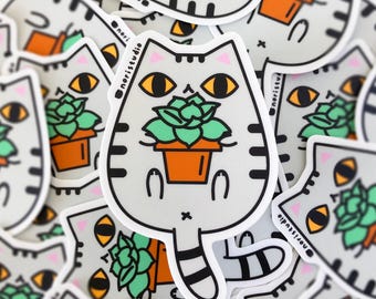 Gray Tabby Cat and Succulent Plant Vinyl Sticker