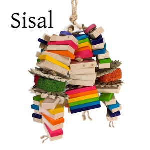 May include: A colorful sisal bird toy with a variety of wooden blocks, sisal rope, and colorful wooden beads. The toy is hanging from a rope.