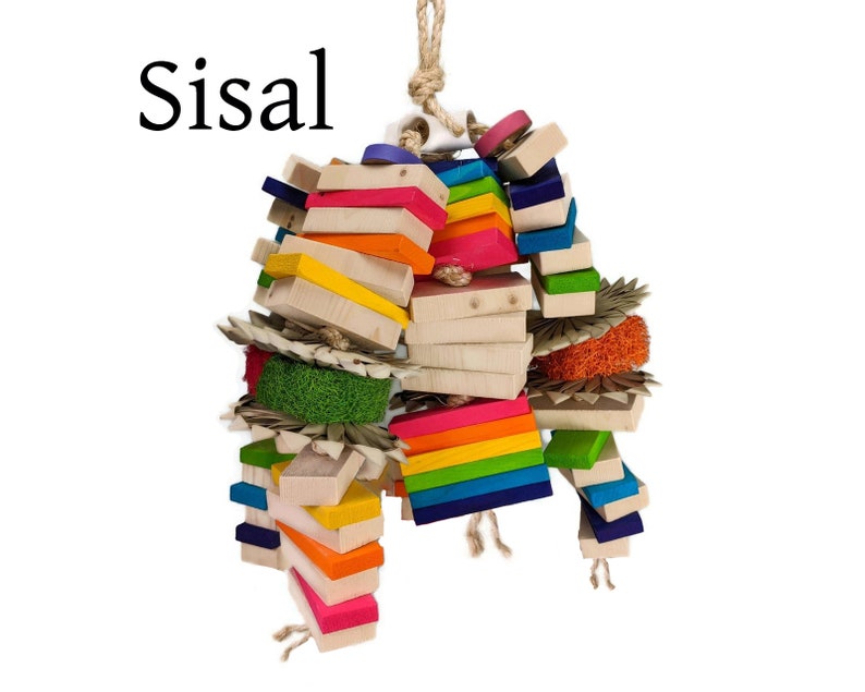 May include: A colorful sisal bird toy with a variety of wooden blocks, sisal rope, and colorful wooden beads. The toy is hanging from a rope.