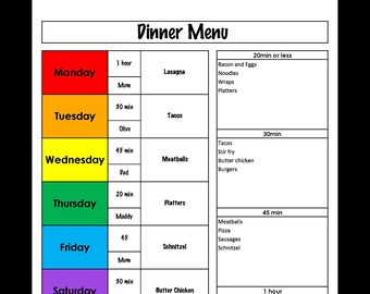 Weekly Menu Planner - Dinner - A4 printable digital download