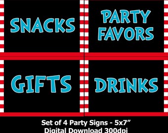 Party Signs x 4 - 5x7" - Drinks / Gifts / Favors / Snack Stations - Dr Seuss
