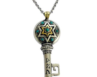 Kabbalah Key Pendant with Turquoise in Silver and Gold, Star of David Kabballah Charm, 72 Names of G-d Protection Jewelry, Spiritual Gift