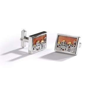 Jerusalem Skyline Stone Cufflinks in Sterling Silver and Gold, Jerusalem Stone Cuff Links, Jerusalem Cufflinks, Men&#39;s Gift