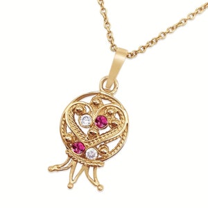 Pomegranate Ruby Pendant in 14k Gold with Yemenite Filigree Work, Prosperity Blessings, Jewish Jewelry, Original 7 Species Fruit Pendant