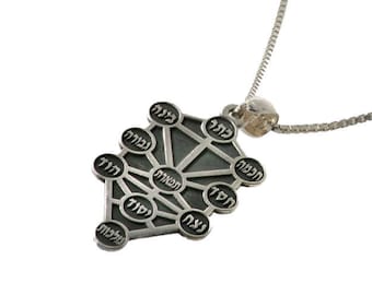 Sefirot Necklace in Oxidized Sterling Silver, Kabbalistic Tree of Life Necklace, Ten Sephiroth Pendant, Silver Kabbalah Pendant from Israel