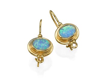 Blue Opal Earrings in 14k Gold in Boho Chic Style, October Birthstone Gift, Solid 14k Gold Oval Earrings from Israel