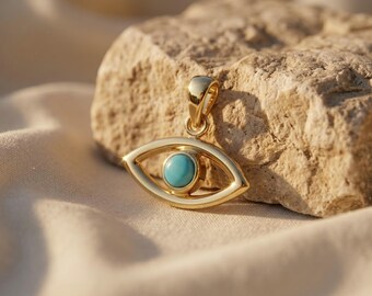 14k Solid Gold Turquoise Evil Eye Pendant | Handmade Protection Charm
