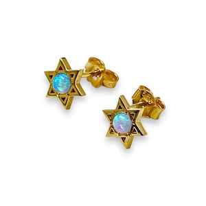 Davidstern Ohrstecker in 14 Karat Gold mit Opalit, Urlaubsgeschenk, Magen David Schutz Charm, Jüdischer Stern Schmuck Handgemacht in Israel