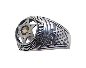 Kabbalah Citrine Ring in Sterling Silver with Star of David, 72 Names of G-d Hebrew Ring, Citrine Jewish Magen David Signet Ring from Israel