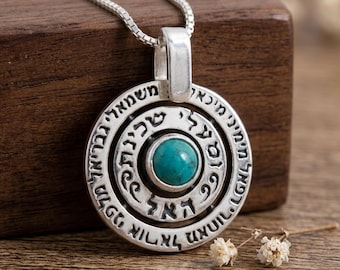 Colgante de oración del ángel de la Cábala en plata y piedra turquesa, joyería religiosa judía.