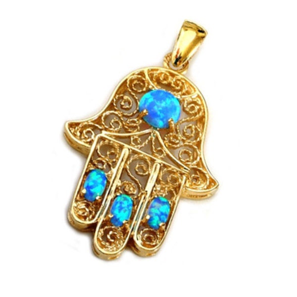 Opal Hamsa Pendant in 14k Gold, Yemenite Filigree Hamsa Pendant, Blue Opal Pendant, October Birthstone, Jewish Jewelry, Birthday Gift