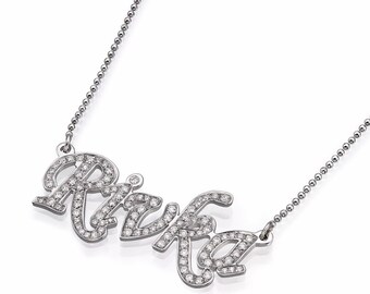 Diamond Name Necklace, Solid 14k Gold Name Necklace, White Gold, Rose Gold, Yellow Gold, Fancy Name Necklace, Personalized Jewelry Gift