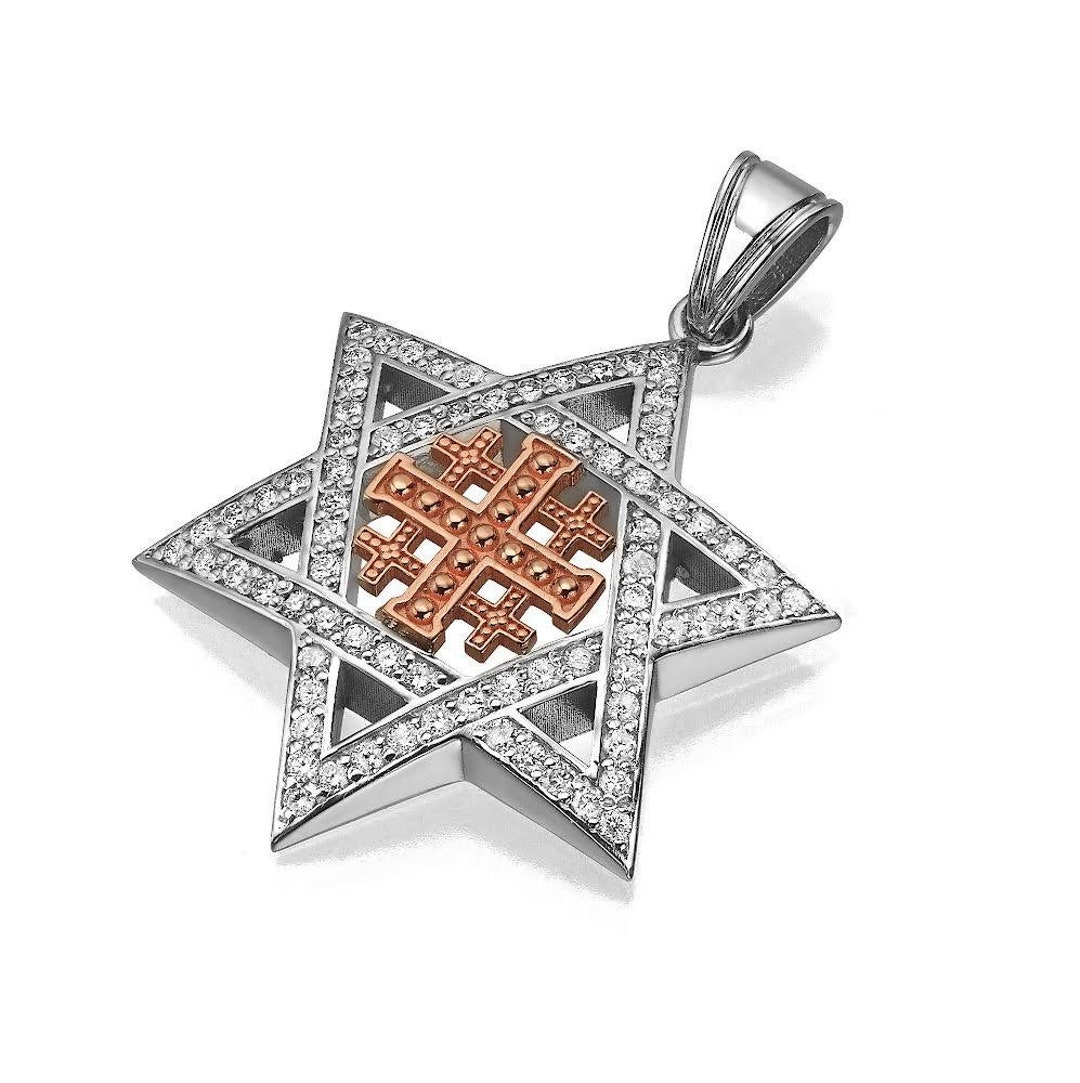 Star of David Jerusalem Cross Pendant in 14K Gold With
