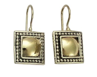 Ethnic Silver & Gold Yemenite Earrings, Square Drop Huggies, 14k Gold Dome Earrings, Israeli Designer Earrings, Handmade Israeli Jewelry