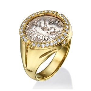 Alexander the Great Coin Diamond Gold Ring, Diamond Ancient Coin Signet Ring, Alexander Coin Gold Signet Ring, Authentic Alexander Coin Ring