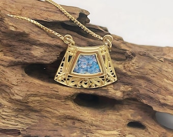 14K Gold Roman Glass Necklace: Trapezoid Pendant, Yemenite Filigree, Israeli Artisan