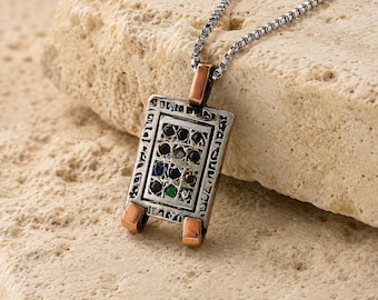 Collana ebraica con pettorale sacerdotale Hoshen in argento e oro rosa 14 carati, gioiello proveniente da Israele.