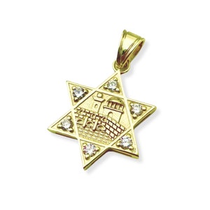 Jerusalem Star of David Pendant with Western Wall in 14k Gold with Diamonds, Jewish Star, Magen David with Kotel, Jewish Religious Jewelry