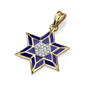 Diamond Studded Star of David Pendant 14K Yellow Gold & Blue Enamel, Classic Jewish Magen David Pendant, Protection Charm from Israel