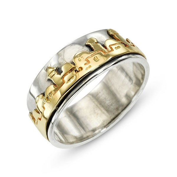 Jerusalem Ring in Silver and 14K Gold, Jerusalem Skyline Ring, Sterling Silver Ring, 14k Gold City Ring, Jewish Ring, Israel Jewelry